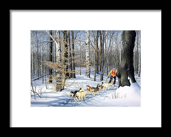 Landscape Framed Print featuring the painting Dog-Sled Racing by Conrad Mieschke
