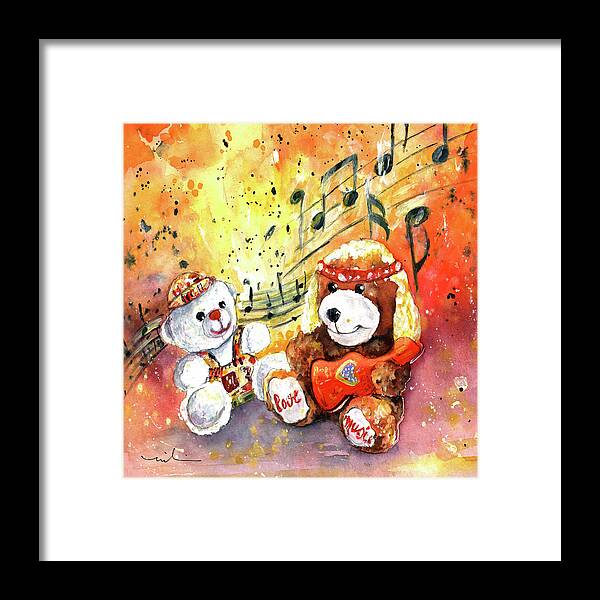 Truffle Mcfurry Framed Print featuring the painting Doggy Guitar And His Roadie by Miki De Goodaboom