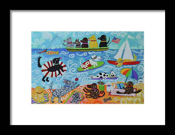 Cute Dogs Framed Print featuring the painting Dogs Playing in the Water by Karen Fields