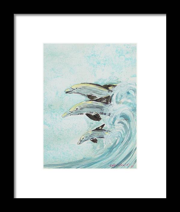 Dolphin Dolphins Fish Wave Ocean Jumping Framed Print featuring the painting Dolphins by Miroslaw Chelchowski