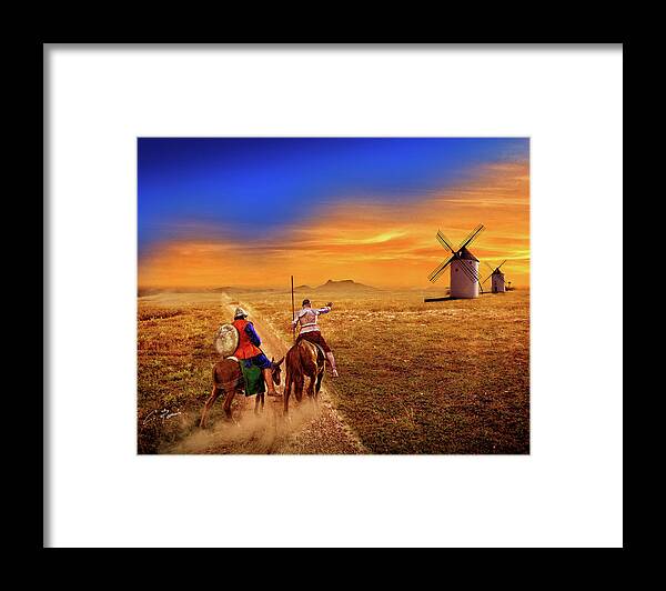 Quixote Framed Print featuring the digital art Don Quixote and the Windmills by Charlie Roman