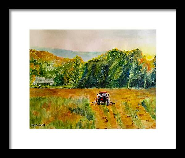 Tractor Framed Print featuring the painting Done for the Day by Judy Swerlick