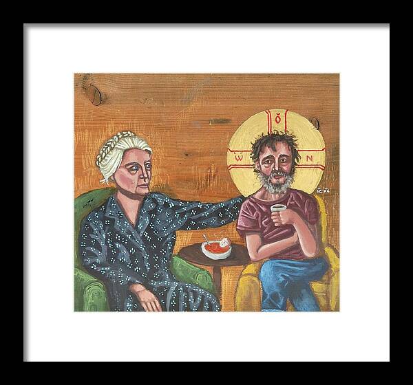 Dorothy Day Framed Print featuring the painting Don't Call Me a Saint- Dorothy day with Homeless Christ by Kelly Latimore