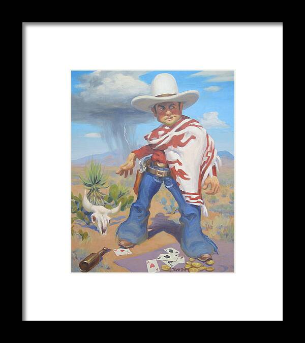 Cowboy Getting Ready To Draw His Gun With A 10 Gallon Hat And Poncho Coins And Playing Cards In The Forground. There Is A Cow Skull In Te Background With Cactus And A Rain Cloud. Framed Print featuring the painting Don't Slap Leather With the Pecos Kid by Texas Tim Webb