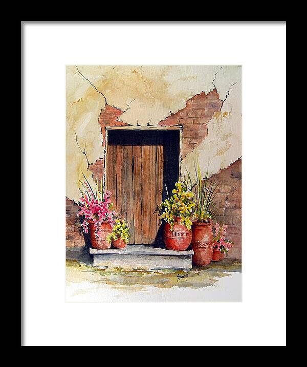 Flowers Framed Print featuring the painting Door With Pots by Sam Sidders