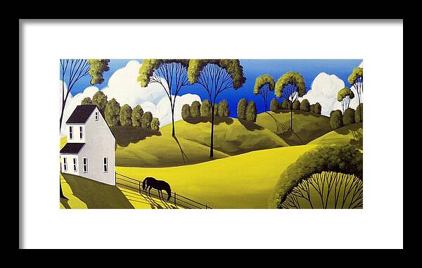Art Framed Print featuring the painting Downhill graze - folk art landscape by Debbie Criswell