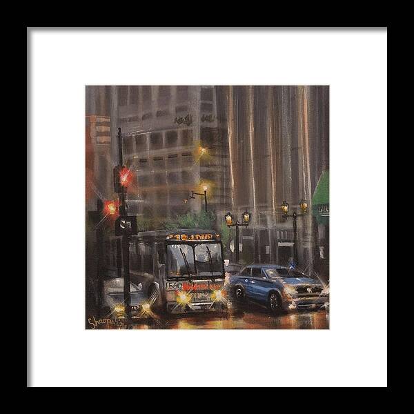 Milwaukee Framed Print featuring the painting Downtown Bus by Tom Shropshire
