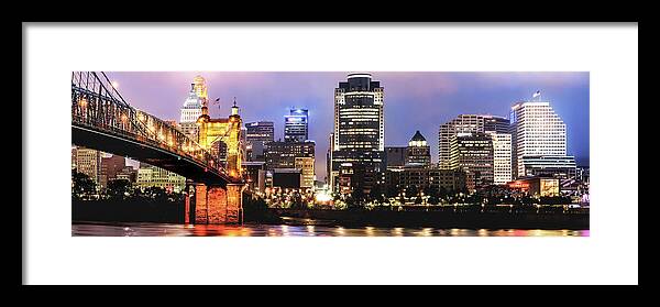 Cincinnati Skyline Panorama Framed Print featuring the photograph Downtown Cincinnati Panorama Night Skyline by Gregory Ballos