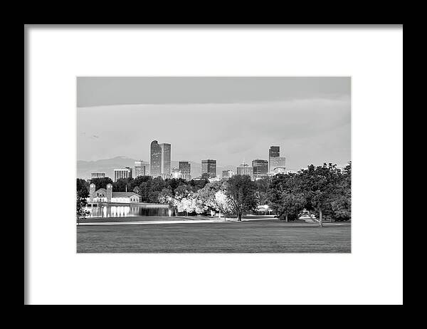 America Framed Print featuring the photograph Downtown Denver Skyline - Black and White by Gregory Ballos