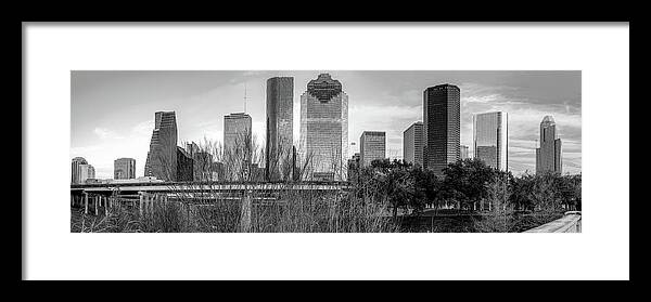Houston Skyline Framed Print featuring the photograph Downtown Houston Skyline Panorama in Black and White by Gregory Ballos