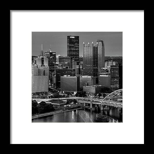 Pittsburgh Framed Print featuring the photograph Downtown Pittsburgh at Twilight - Black and White by Mitch Spence