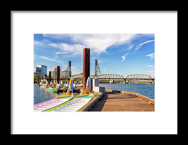 Dragon Framed Print featuring the photograph Dragon Boats and Hawthorne Bridge by Jess Kraft