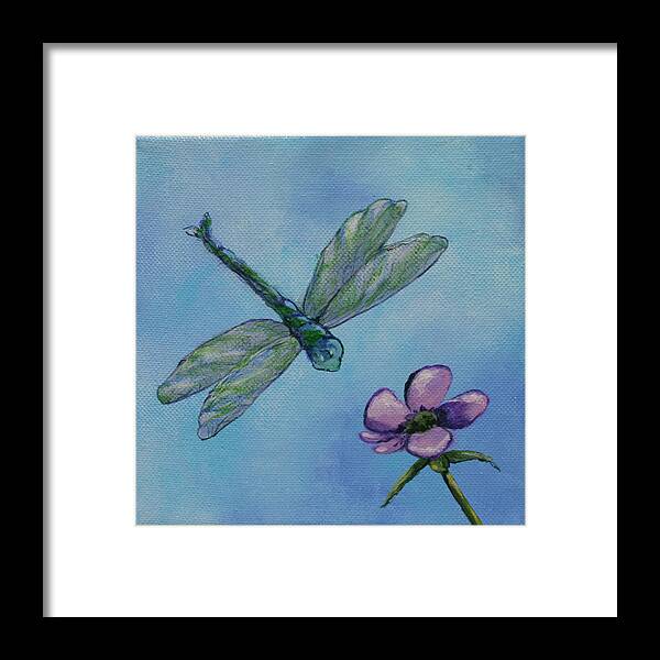 Dragon Fly Framed Print featuring the painting Dragon Fly and Purple Flower by Donna Tucker