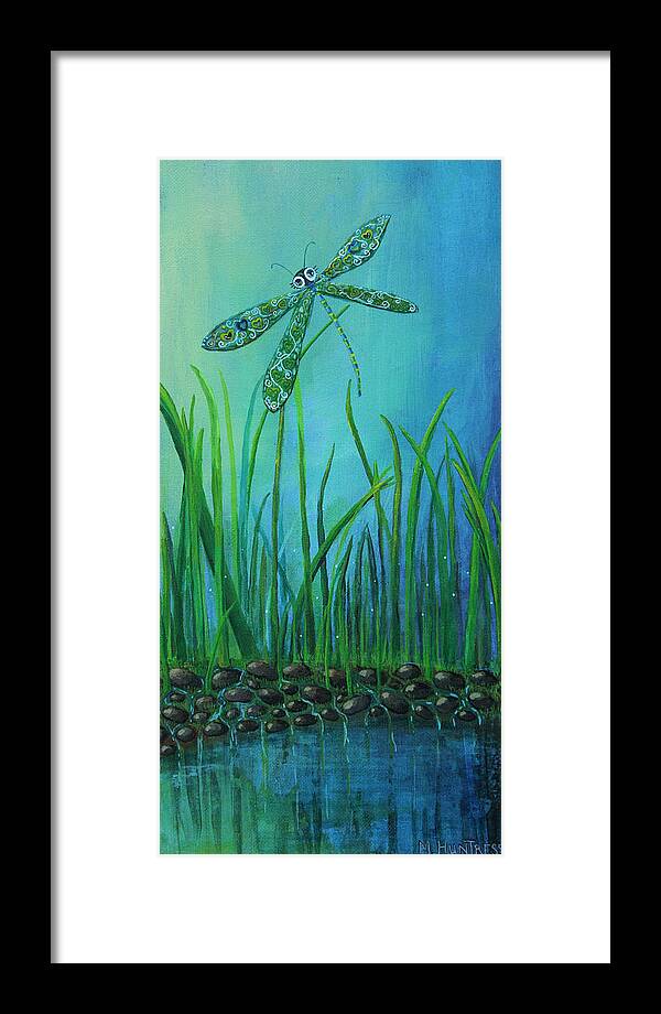 Dragon Fly Framed Print featuring the painting Dragonfly at the Bay by Mindy Huntress