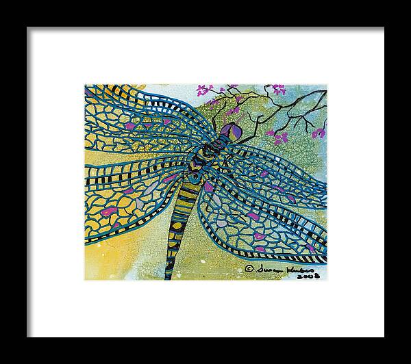 Dragonfly Framed Print featuring the mixed media Dragonfly and Cherry Blossoms by Susan Kubes