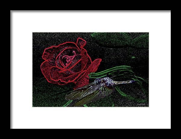 Dragonfly Framed Print featuring the photograph Dragonfly Dash With The Rose Neon by Lesa Fine