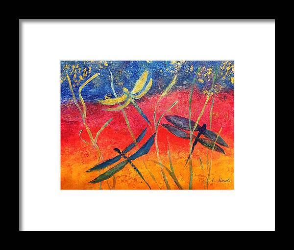 Blue Dragonfly Framed Print featuring the painting Dragonfly Fantasy Flight by Anne Sands