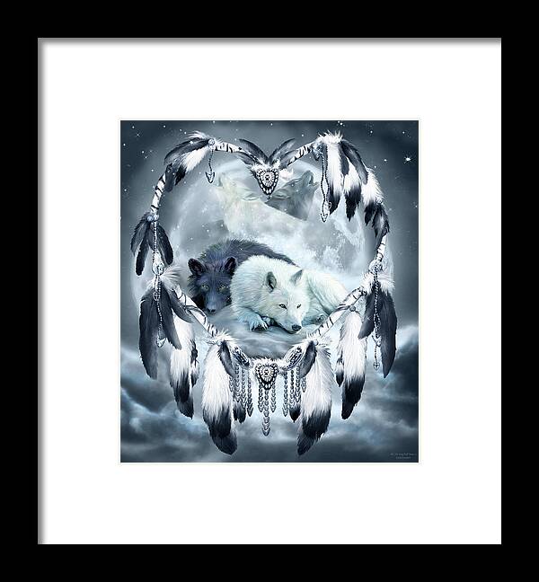 Carol Cavalaris Framed Print featuring the mixed media Dream Catcher - Yin Yang Wolf Mates 2 by Carol Cavalaris