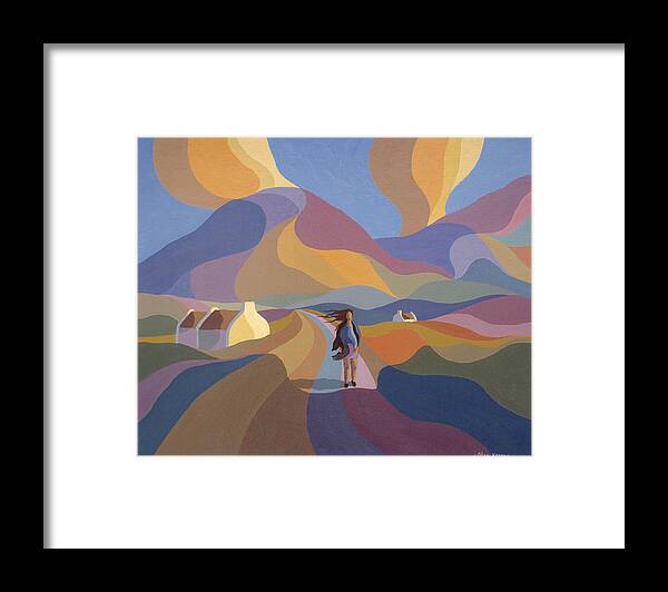 Paintings Framed Print featuring the painting Dreamscape with girl and cottage by Alan Kenny