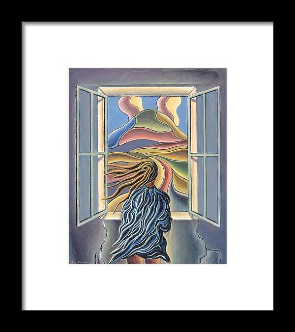 Dreamscape Framed Print featuring the painting Dreamscape With Girl By Window by Alan Kenny