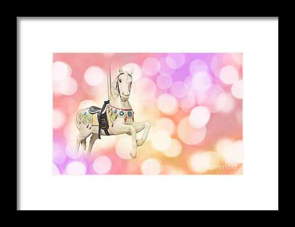 Carnival Framed Print featuring the photograph Dreamy pastel pink carousel horse. by Delphimages Photo Creations