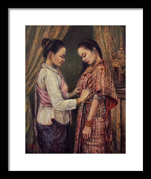 Lao Ramayana Framed Print featuring the painting Dressing Nang Sida by Sompaseuth Chounlamany