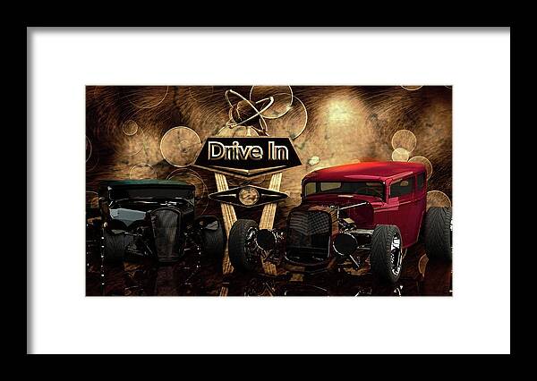 Antique Cars # Collector Cars # Black And White # Ford Hot Rod # Chevy # Drive In # 3d Render # Classic Hot Rod # Custom Hot Rods # Chopped Top # Old School Framed Print featuring the photograph Drive In by Louis Ferreira
