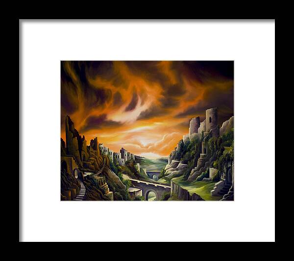 Ruins; Cityscape; Landscape; Nightmare; Horror; Power; Roman; City; World; Lost Empire; Dramatic; Sky; Red; Blue; Green; Scenic; Serene; Color; Vibrant; Contemporary; Greece; Stone; Rocks; Castle; Fantasy; Fire; Yellow; Tree; Bush Framed Print featuring the painting DualLands by James Hill