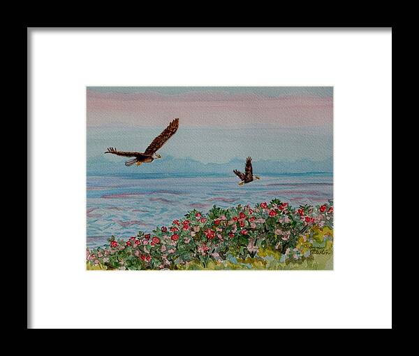 American Bald Eagle Framed Print featuring the painting Eagles Fly over the Bay by Jeannie Allerton
