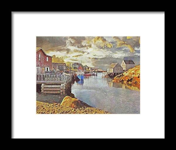 Peggy's Cove Framed Print featuring the digital art Early Morning at Peggy's Cove in Nova Scotia by Digital Photographic Arts