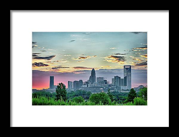 Early Framed Print featuring the photograph Early Morning Sunrise Over Charlotte North Carolina Skyline by Alex Grichenko