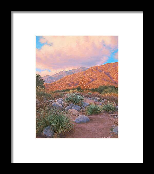 Southwest Desert California Western Mountains Sunset Yuccas Framed Print featuring the painting Eaton Canyon Sunset by Johanna Girard