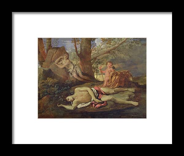 Echo Framed Print featuring the painting Echo and Narcissus by Nicolas Poussin