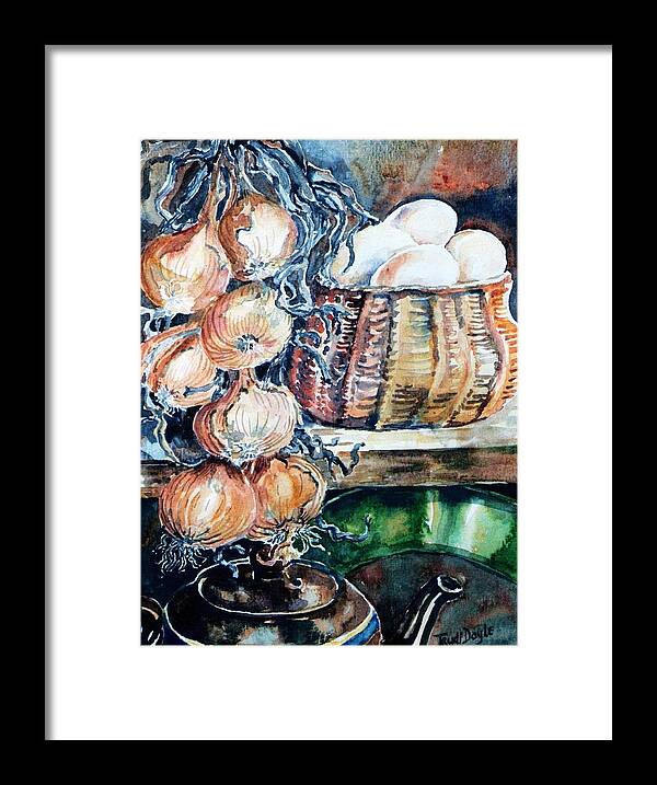 Onions Framed Print featuring the painting Eggs and Onions in the Larder by Trudi Doyle