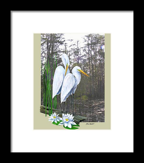 Egret Framed Print featuring the painting Egrets and Cypress Pond by Kevin Brant