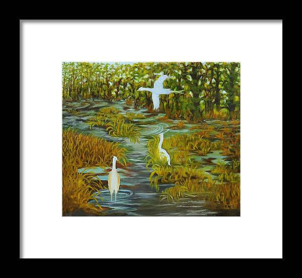 Birds Framed Print featuring the painting Egrets in the Marsh by Douglas Ann Slusher