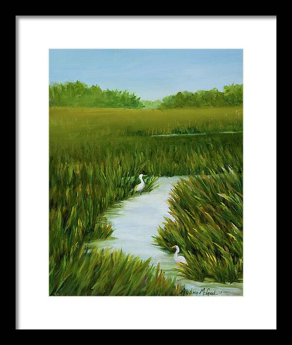 Egrets In Marsh. Summer Marsh With Egrets Framed Print featuring the painting Egrets Respite by Audrey McLeod