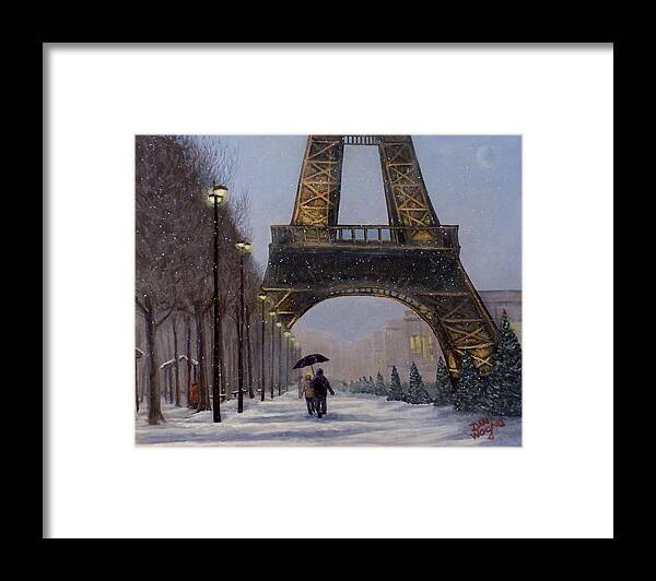 Snow Framed Print featuring the painting Eiffel Tower in the snow by Dan Wagner