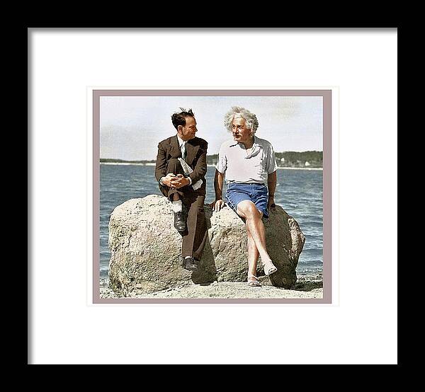 Einstein On The Beach Kodachrome Unknown Photographer Circa 1936 Color And Frames Added 2016 Framed Print featuring the photograph Einstein on the beach Kodachrome unknown photographer circa 1936 color and frames added 2016 by David Lee Guss