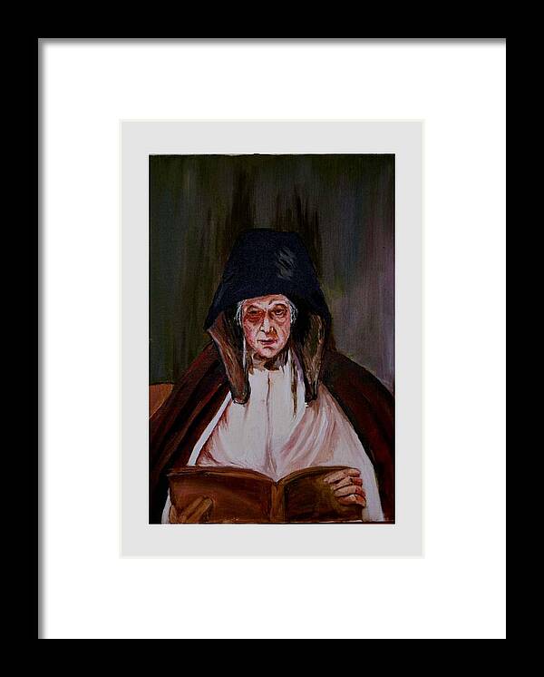 Old Lady Framed Print featuring the painting Elderly lady reading a book by Asha Sudhaker Shenoy