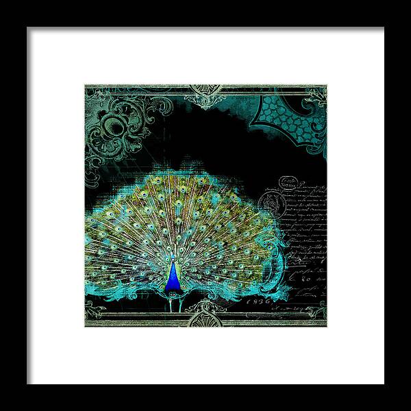 Regal Framed Print featuring the mixed media Elegant Peacock w Vintage Scrolls 3 by Audrey Jeanne Roberts