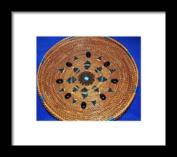 Pine Needle Basket Framed Print featuring the mixed media Embroidered Gem stone plate by Russell Barton