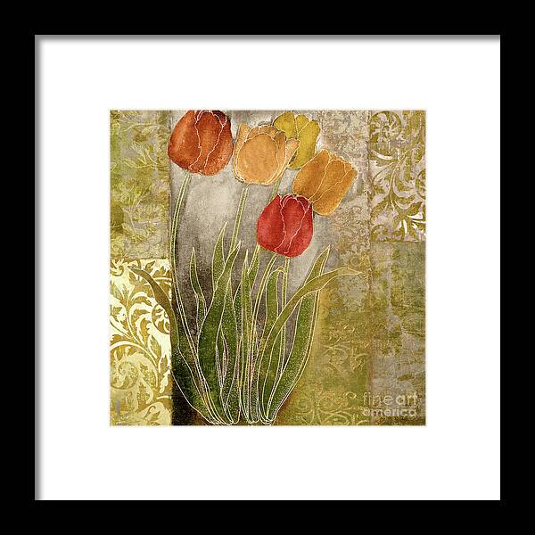 Red Tulips Framed Print featuring the painting Emily Damask Tulips III by Mindy Sommers