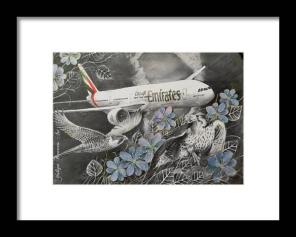 Airplanes Framed Print featuring the drawing Emirates by Julia Kravets