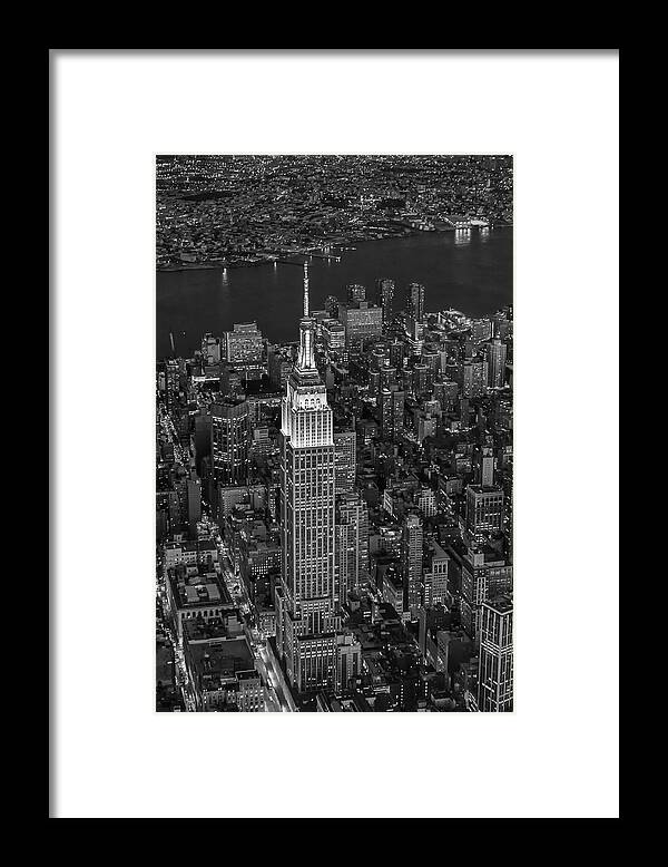 Aerial View Framed Print featuring the photograph Empire State Building Aerial View BW by Susan Candelario