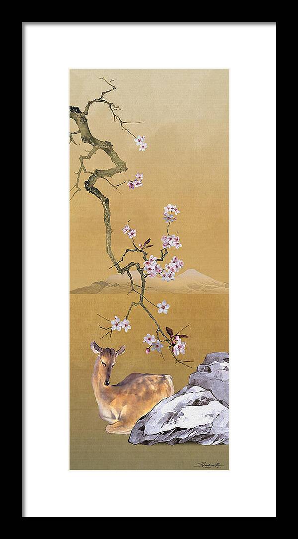 Deer; Doe; Cherry Tree; Blossoms; Cherry Blossoms; Asian; Eastern Art; Spadecaller; Digitial Art; Digital Painting; Fine Art Framed Print featuring the digital art Enchanted Doe by M Spadecaller