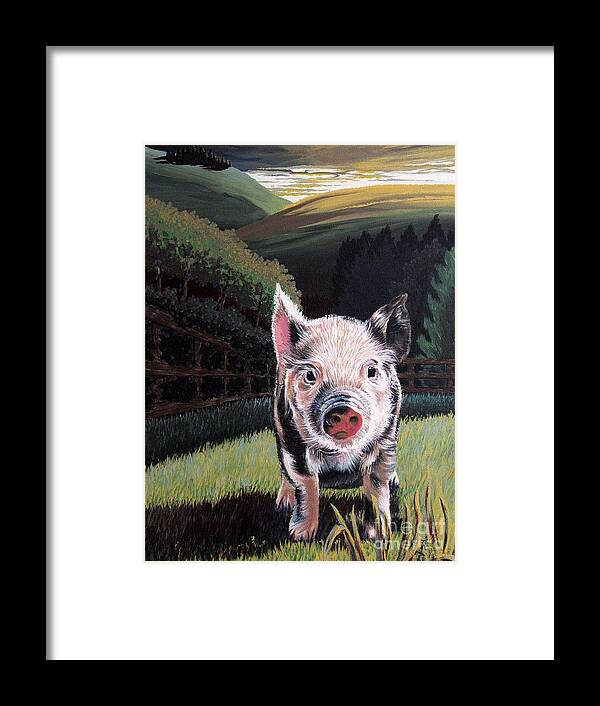 Animals Framed Print featuring the painting End of the day - piggy by Holger Majorahn