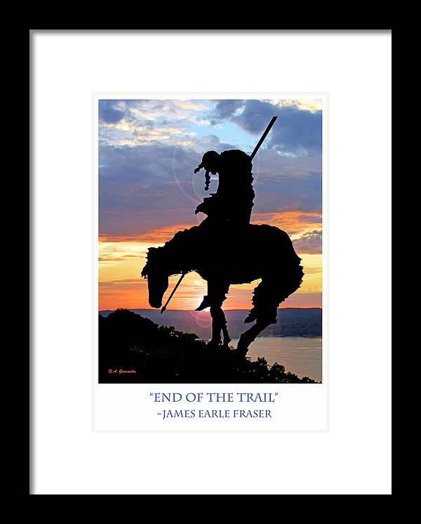 Tourist Attraction Framed Print featuring the photograph End of the Trail Sculpture in a Sunset by A Macarthur Gurmankin