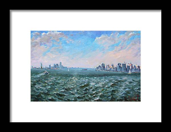 Manhattan Framed Print featuring the painting Entering in New York Harbor by Ylli Haruni