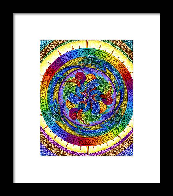 Dragon Framed Print featuring the drawing Psychedelic Dragons Rainbow Mandala by Rebecca Wang